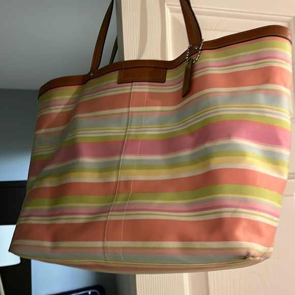 COACH HAMPTON PASTEL MULTICOLORED STRIPED LARGE TOTE BAG F13553 - Picture 4 of 12
